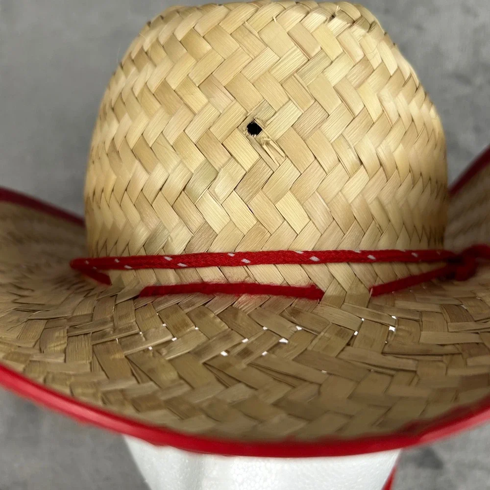 Kids Woven Straw Cowboy Hat Red Trim Western Costume Sheriff Accessory